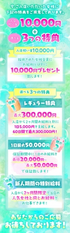 入店が決まりましたらどなたでも10,000円プレゼント!選べる3つの特典はどれも魅力的ですよ♪(イエスグループ熊本 TSUBAKI(ツバキ):熊本/店舗型ファッションヘルス)