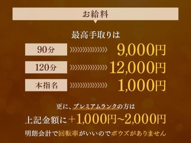最高手取りは90分コース:9,000円120分コース:12,000円お客様は指名料無料なのに【本指名1名様につき1,000円】更に【プレミアムランク】の方は上記金額に【+1,000円~2,000円】(ヒルガオ~大人セラピスト倶楽部~:新大阪/西中島/ルーム型非風俗メンズエステ)