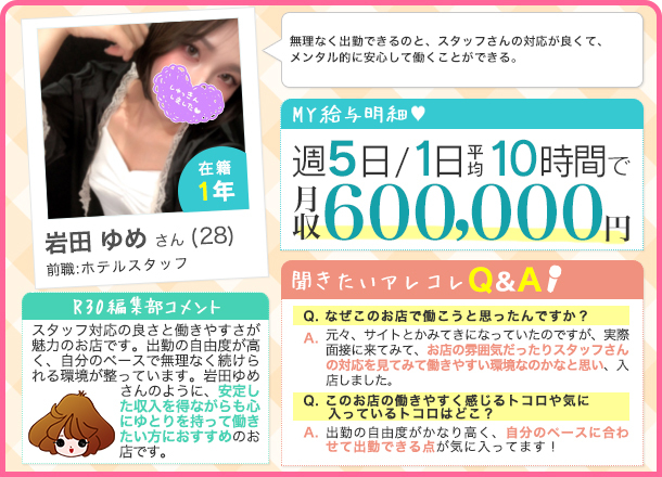岩田 ゆめさん 週5回出勤/1日10時間 月給600,000円 無理なく出勤できるのと、スタッフさんの対応が良くて、メンタル的に安心して働くことができる。