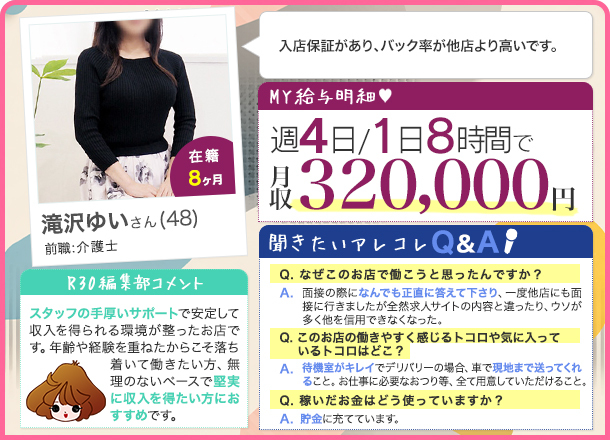 滝沢ゆいさん 週4日/1日平均8時間 月給320,000円 入店保証があり、バック率が他店より高いです。