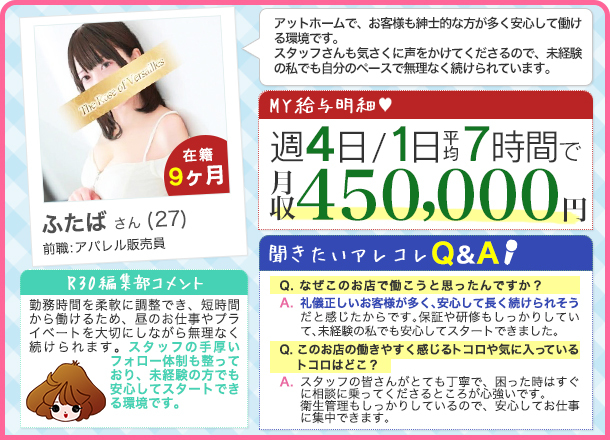 ふたばさんの給料明細 週4日/１日平均7時間 月収450,000円 アットホームで、お客様も紳士的な方が多く安心して働ける環境です。 スタッフさんも気さくに声をかけてくださるので、未経験の私でも自分のペースで無理なく続けられています。