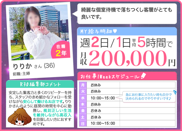 りりかさんの給料明細 週2日/１日平均時5間 月収200,000円 綺麗な個室待機で落ちつくし客層がとても良いです。