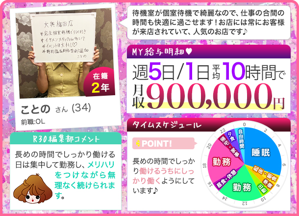 ことのさんの給料明細 週5日/１日平均10時間 月収900,000円 待機室が個室待機で綺麗なので仕事の合間の時間も快適に過ごせます！ お店は常にお客様が来店されていて、人気のお店です♪
