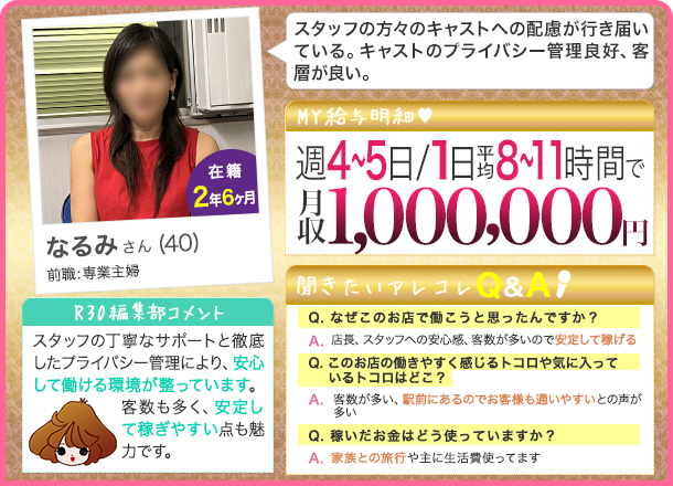 なるみさんの給料明細 週4~5日/１日平均8~11時間 月収1000,000円 スタッフの方々のキャストへの配慮が行き届いている。キャストのプライバシー管理良好、客層が良い