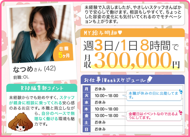 なつめさんの給料明細 週3日/１日平均時間 月収300,000円 未経験で入店しましたが、やさしいスタッフさんばかりで安心して働けます。相談もしやすくて、ちょっとした容姿の変化にも気付いてくれるのでモチベーションも上がります。