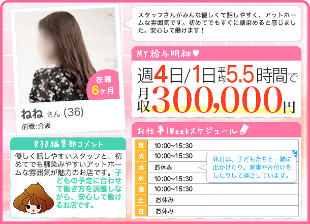 ねねさんの給料明細 週4日/１日平均5.5時間 月収300,000円 スタッフさんがみんな優しくて話しやすく、アットホームな雰囲気です。初めてでもすぐに馴染めると感じました。安心して働けます！